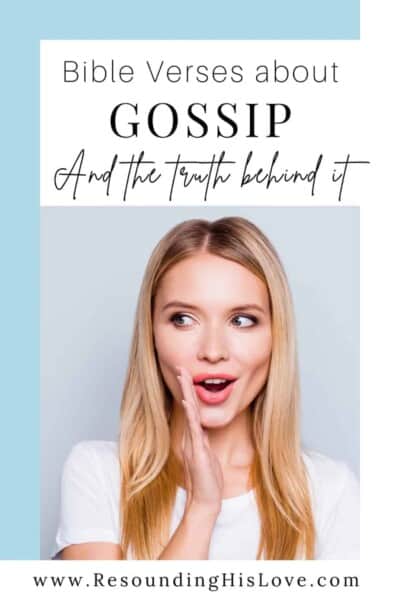 a woman wearing a whilt shirt looking beside her with hand cupping her mouth with text bible verses about gossip and the truth behind it